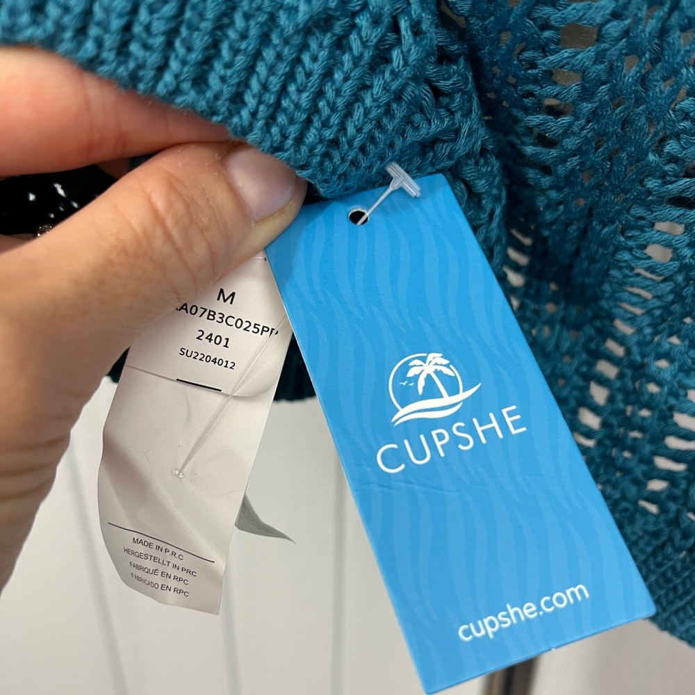 CUPSHE Teal Crochet Knit V-Neck Blouson Mini Cover-Up Dress Medium NWT - Picture 3 of 5